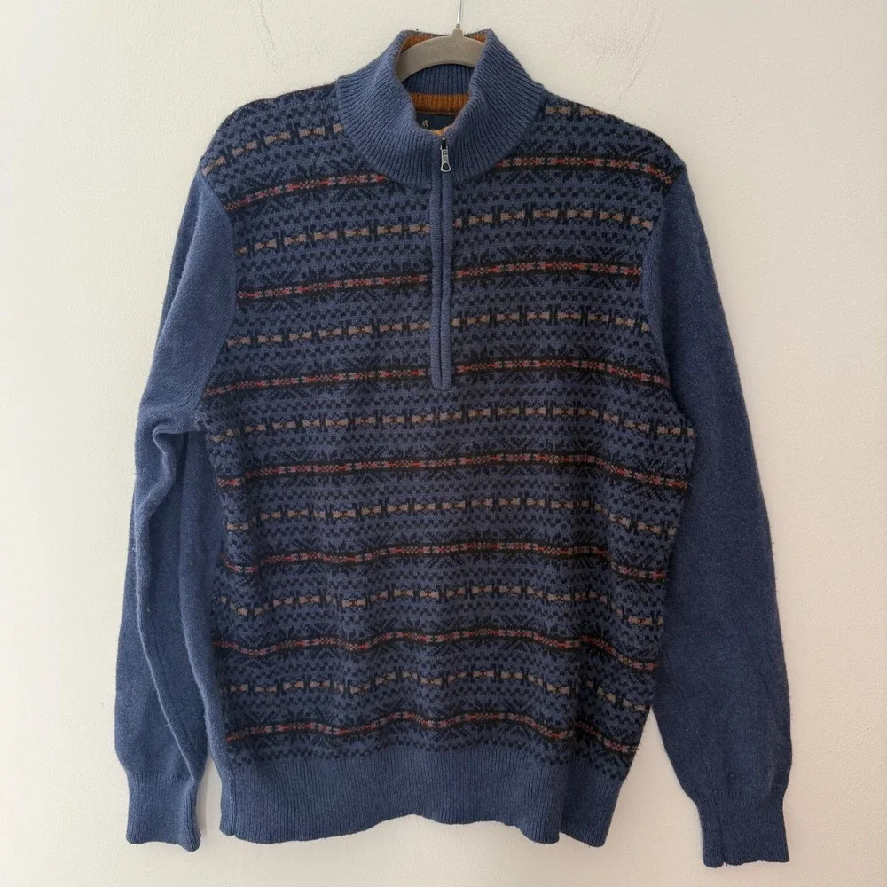 Brooks Brothers Mens XL Blue Merino Wool‎ Blend Fair Isle Quarter Zip Sweater